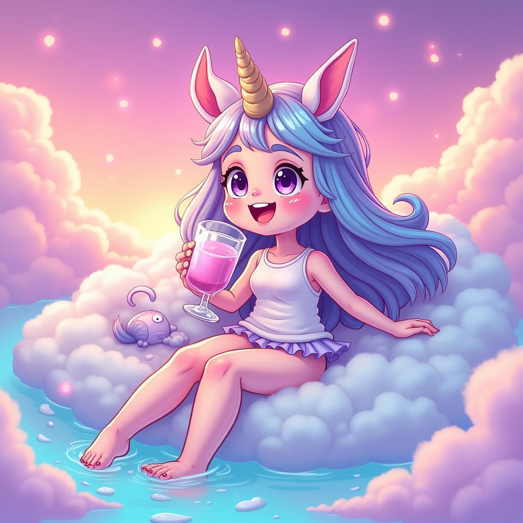Dreamy Toon Girl Sipping Unicorn Milk