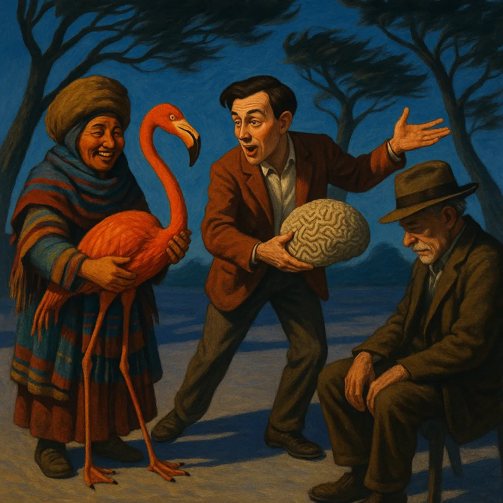 Joyful Nomad in Layered Textiles Tends an Orange-red Flamingo