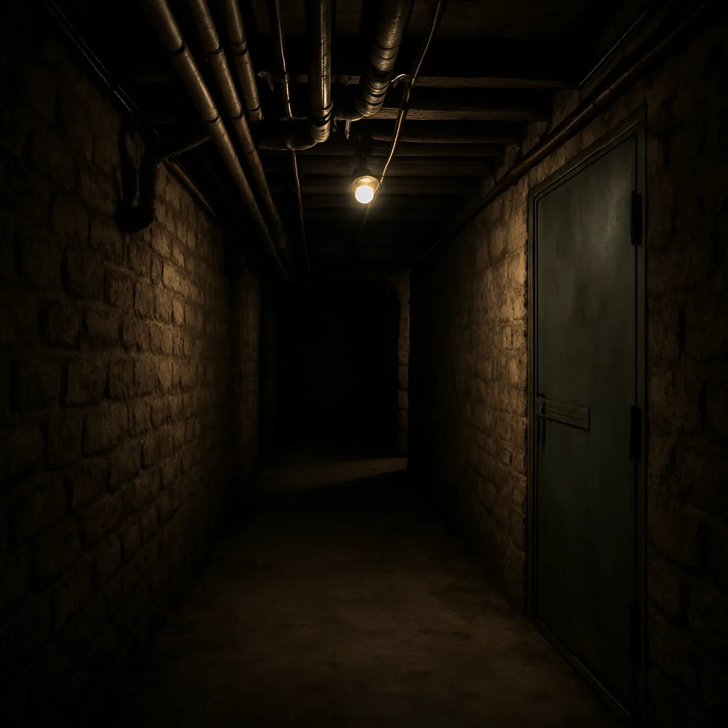 Dimly Lit Stone Basement Hallway with Exposed Pipes