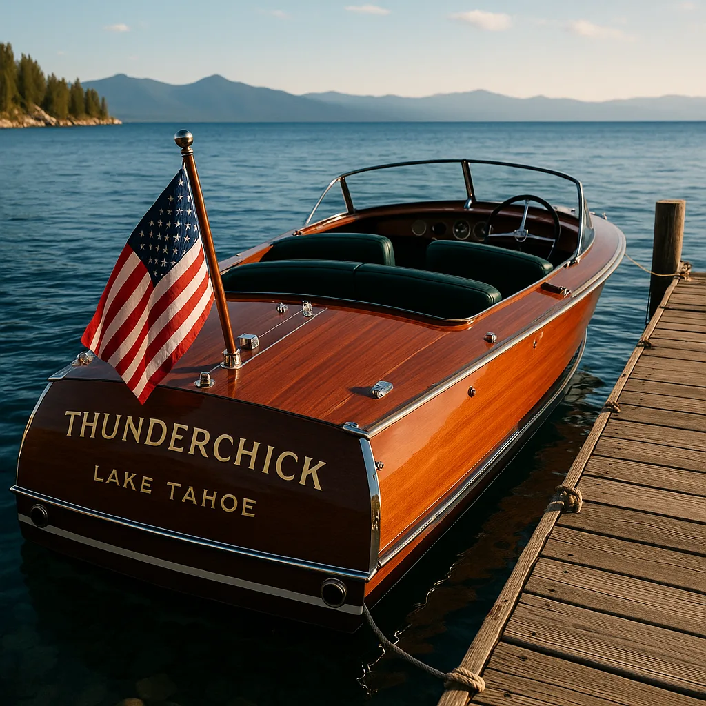Wooden Motorboat Named "Thunderchick Lake Tahoe" Docked by a Lakeside