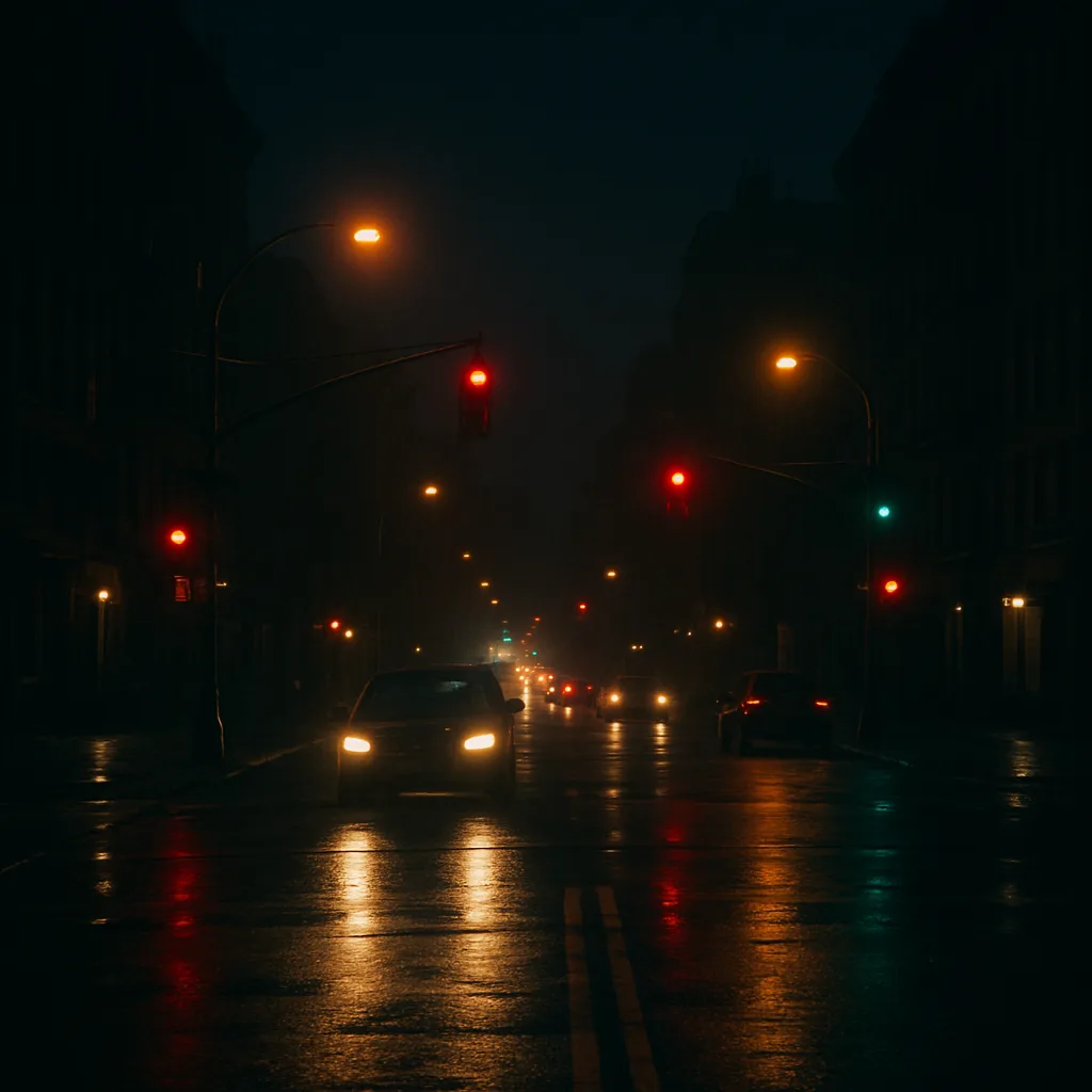 Dimly Lit City Street at Night with Car Headlights
