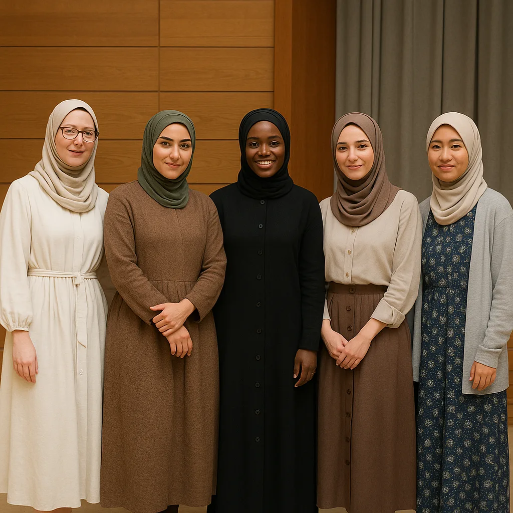 Five Women Are Standing Indoors Wearing Diverse and Modest Outfits