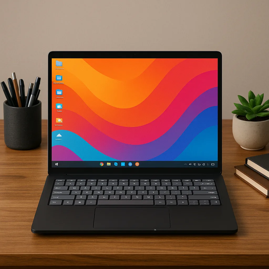 Sleek Matte Black Laptop with a Silver Keyboard Sits Powered