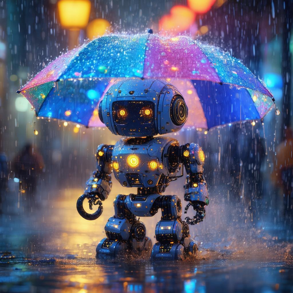 3D Robot Sheltering Under Vibrant Umbrella