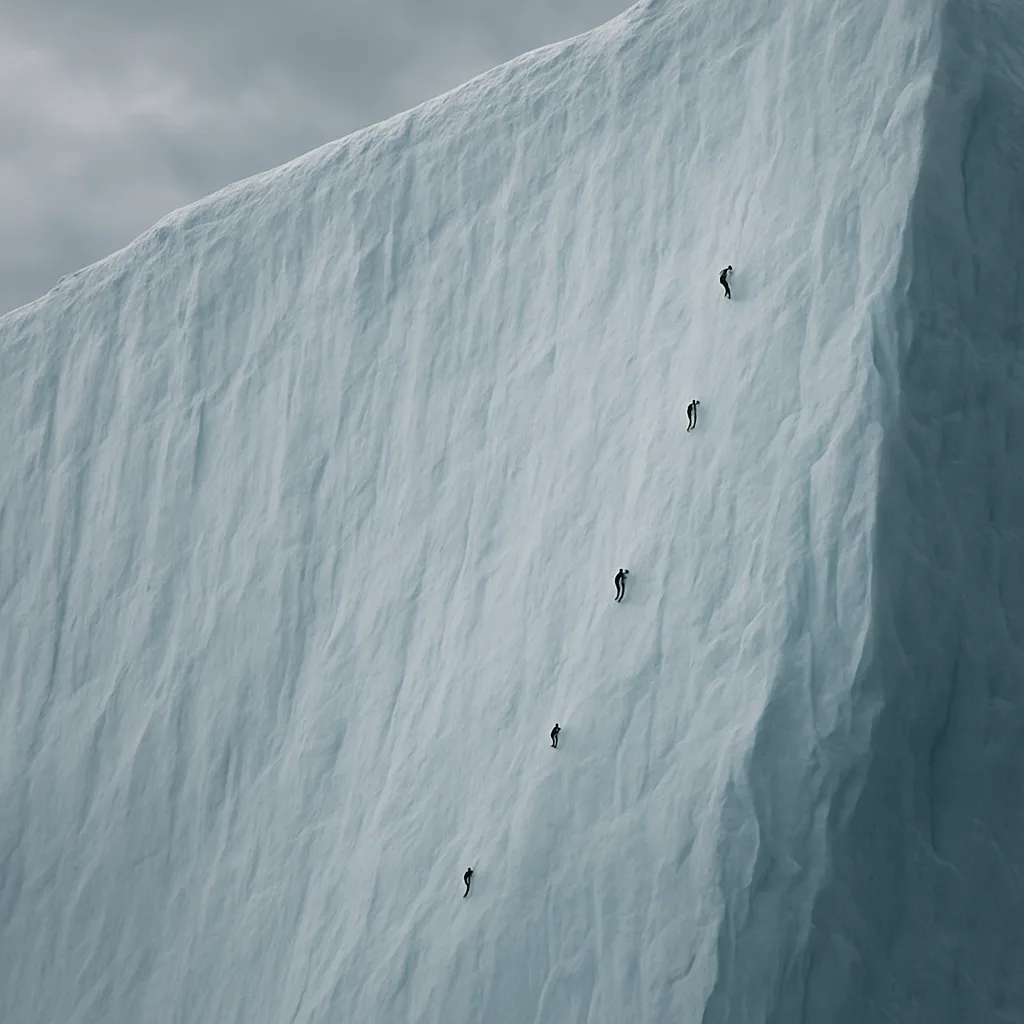 Few Distant Climbers Appear as Tiny Specks Ascending a Sheer