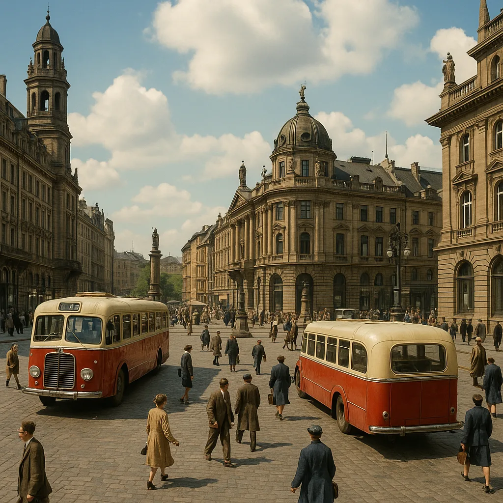 Bustling Historic City Square Featuring Vintage Buses