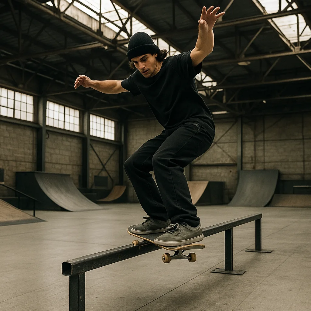 Skateboarder Performing a Grind Trick on a Metal Rail Inside