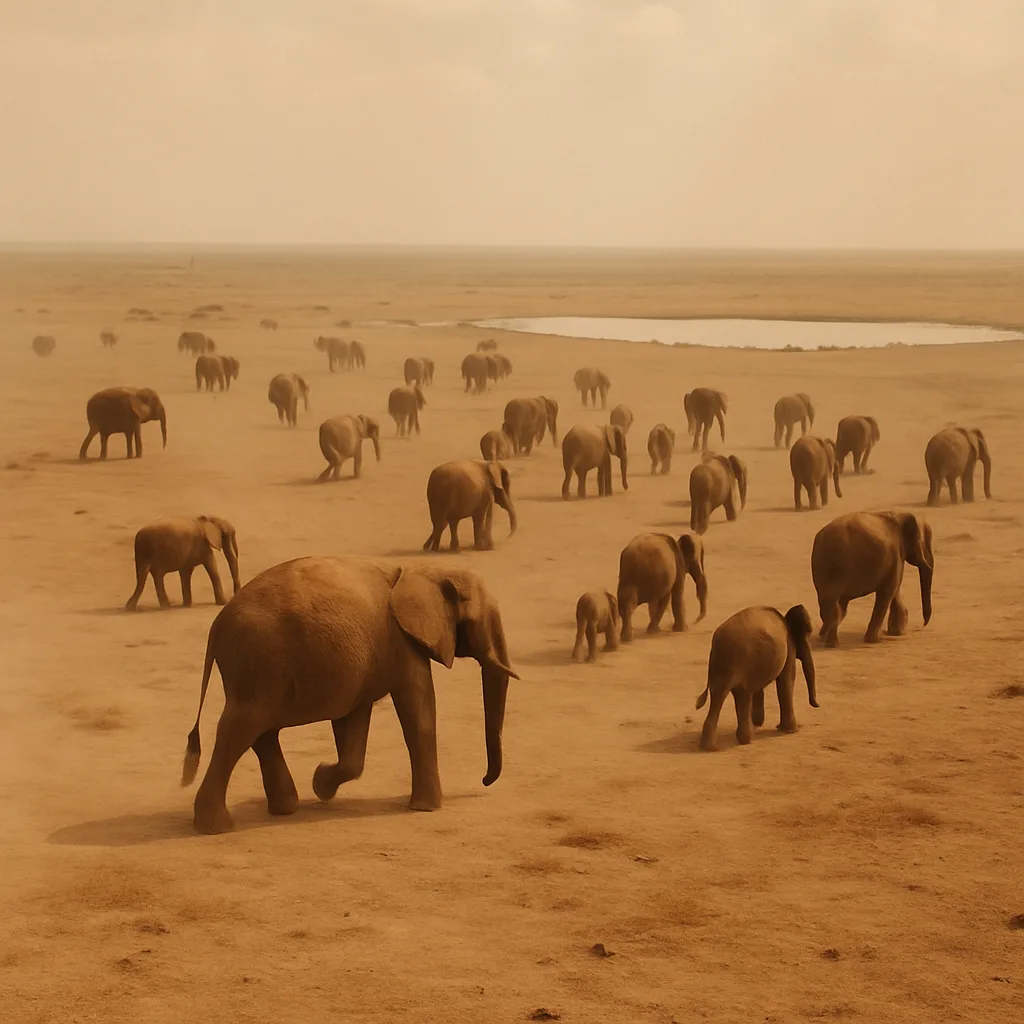 Scattered Herd of Many Elephants Lumbers Across a Vast