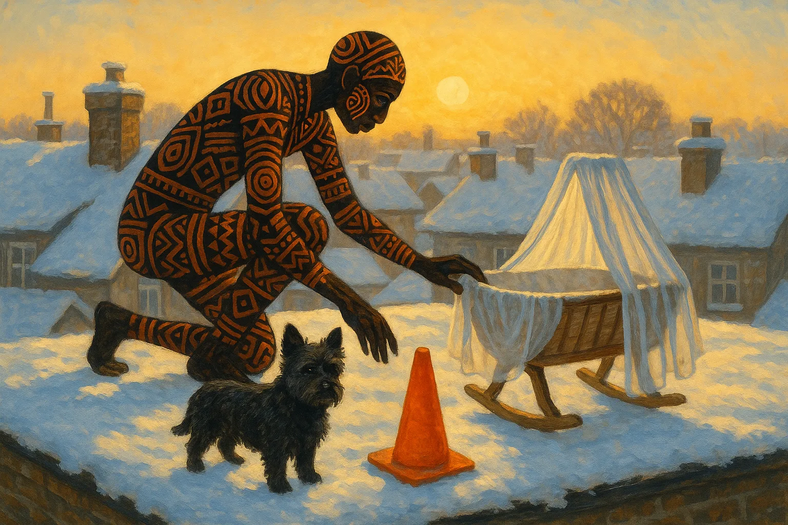 Figure in African Tribal Patterns Arranges a Dark Norwich Terrier