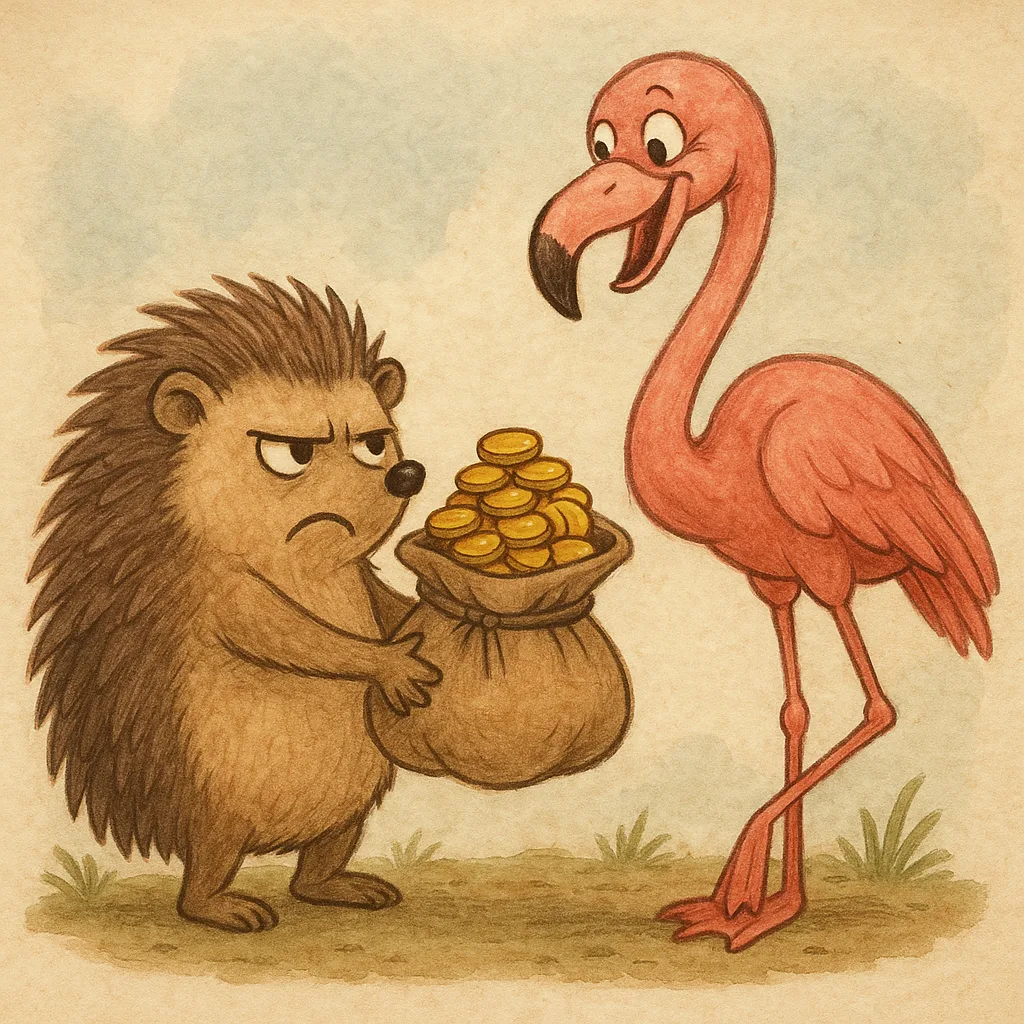 Grumpy Hedgehog Handing over a Bag