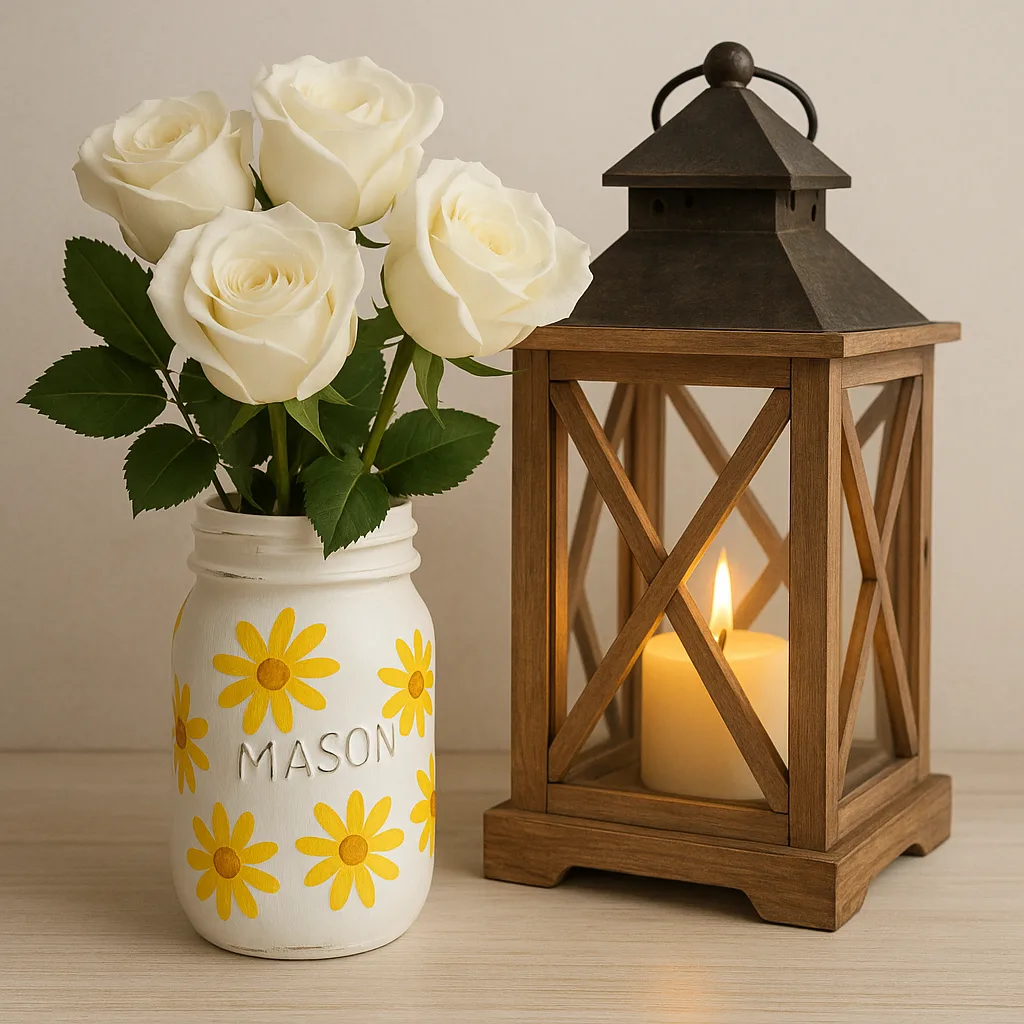 White Mason Jar Painted with Yellow Daisy Designs