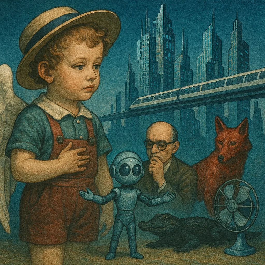 Winged Toddler in Retro Attire Looks Thoughtfully Away