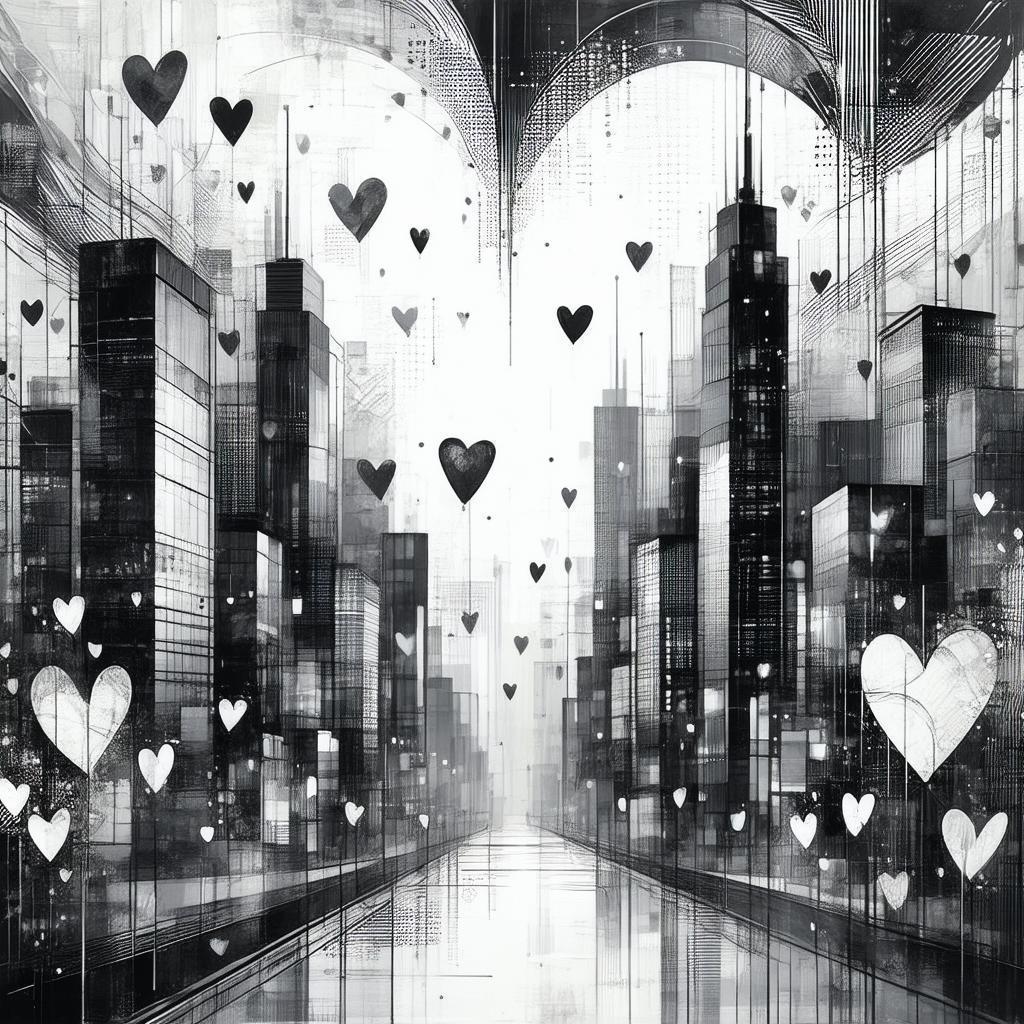 Geometric Heart Cityscape in Manga Lines