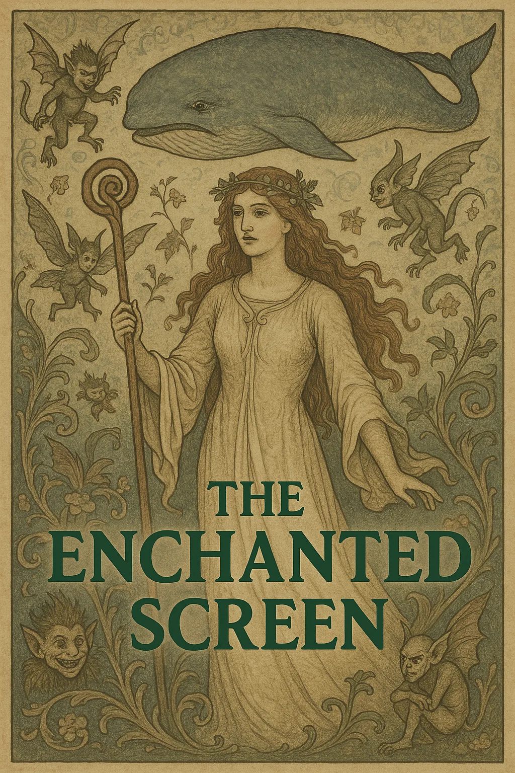 Vintage Fairy-tale-inspired Illustration Featuring a Woman Holding a Staff