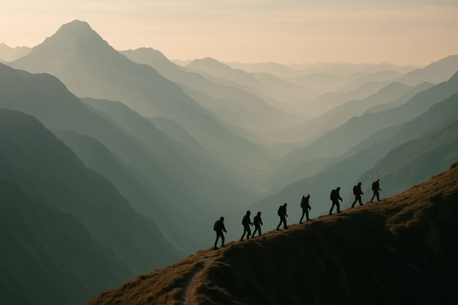 Several Distant Figures Hike Along a Narrow Ridge