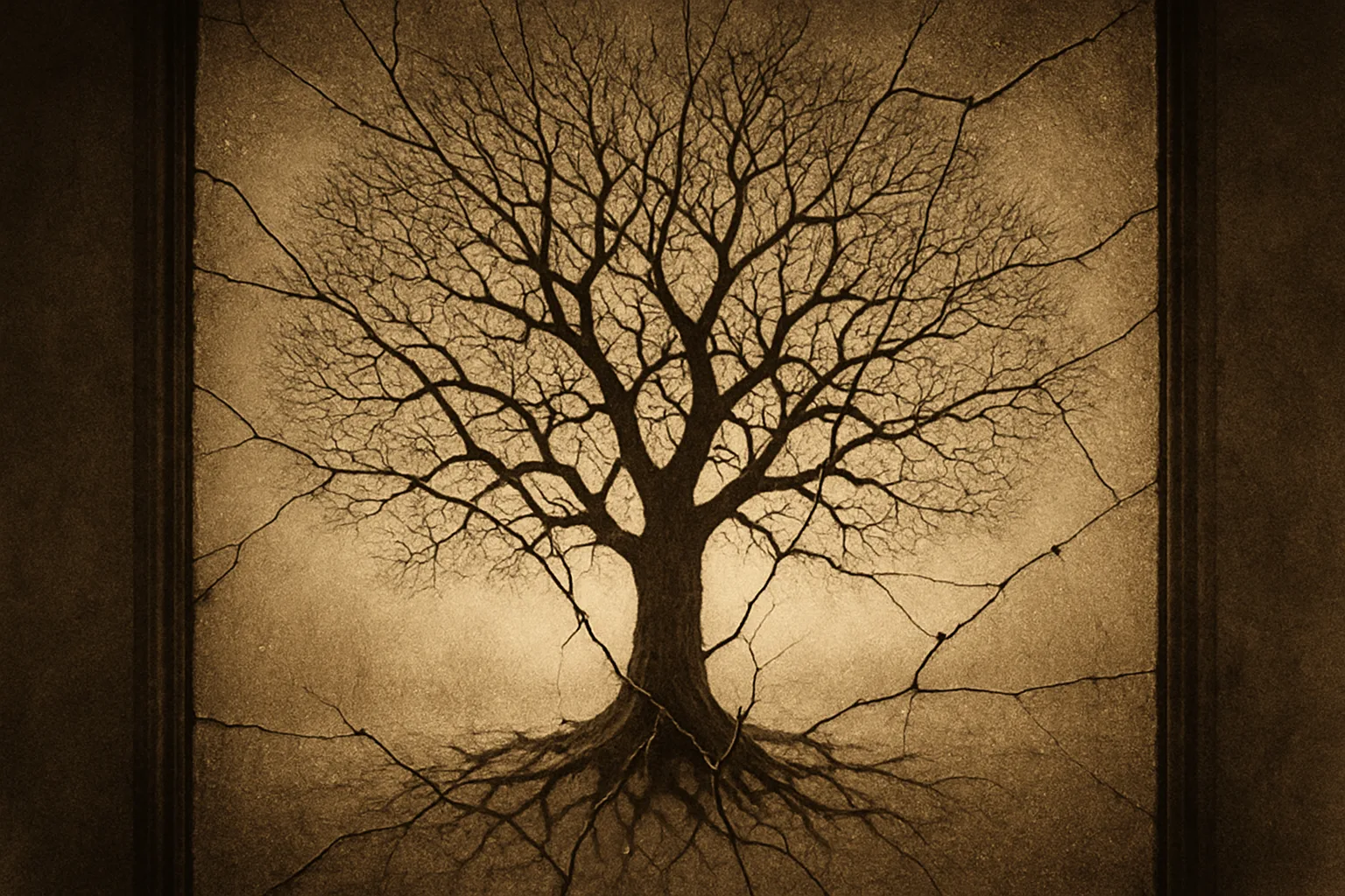 Sepia-toned Artwork Portrays the Detailed Outline of a Vast Tree