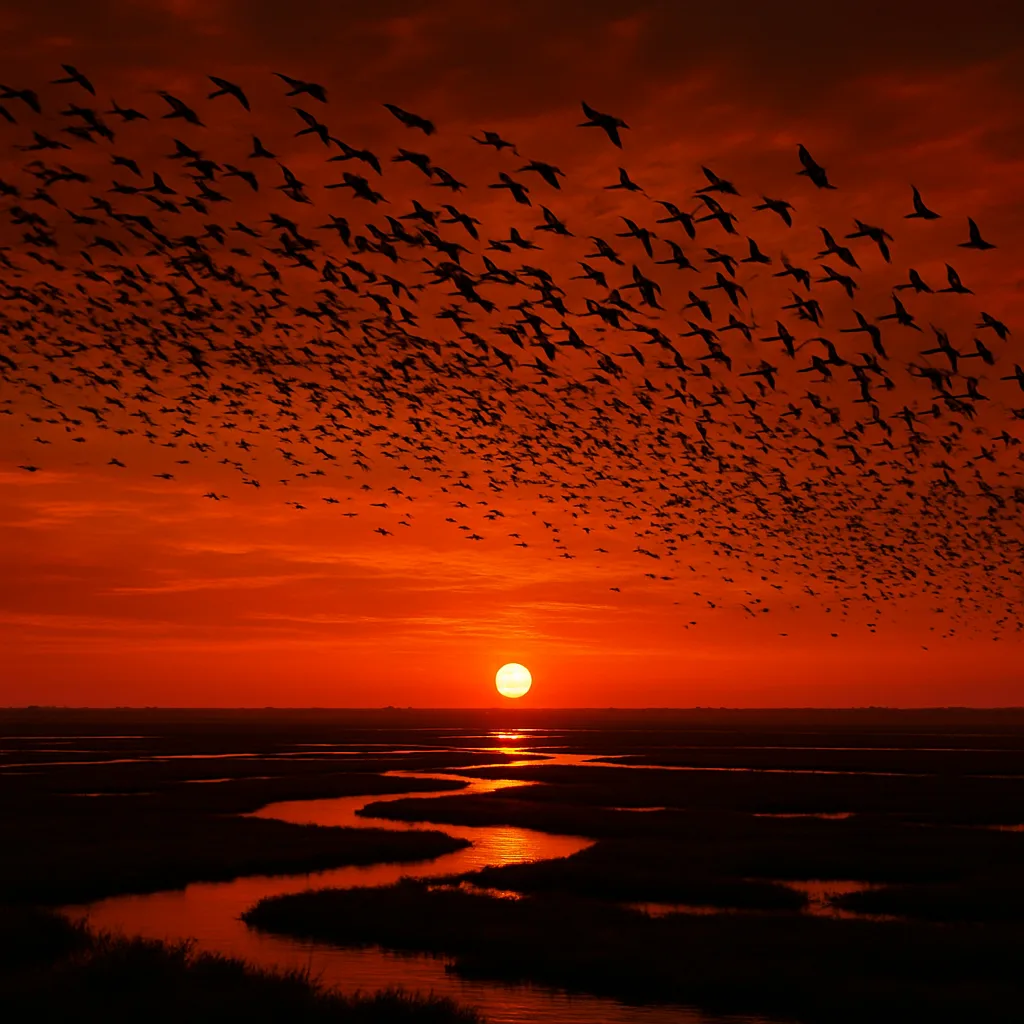 Vast Formation of Countless Migratory Birds Flies