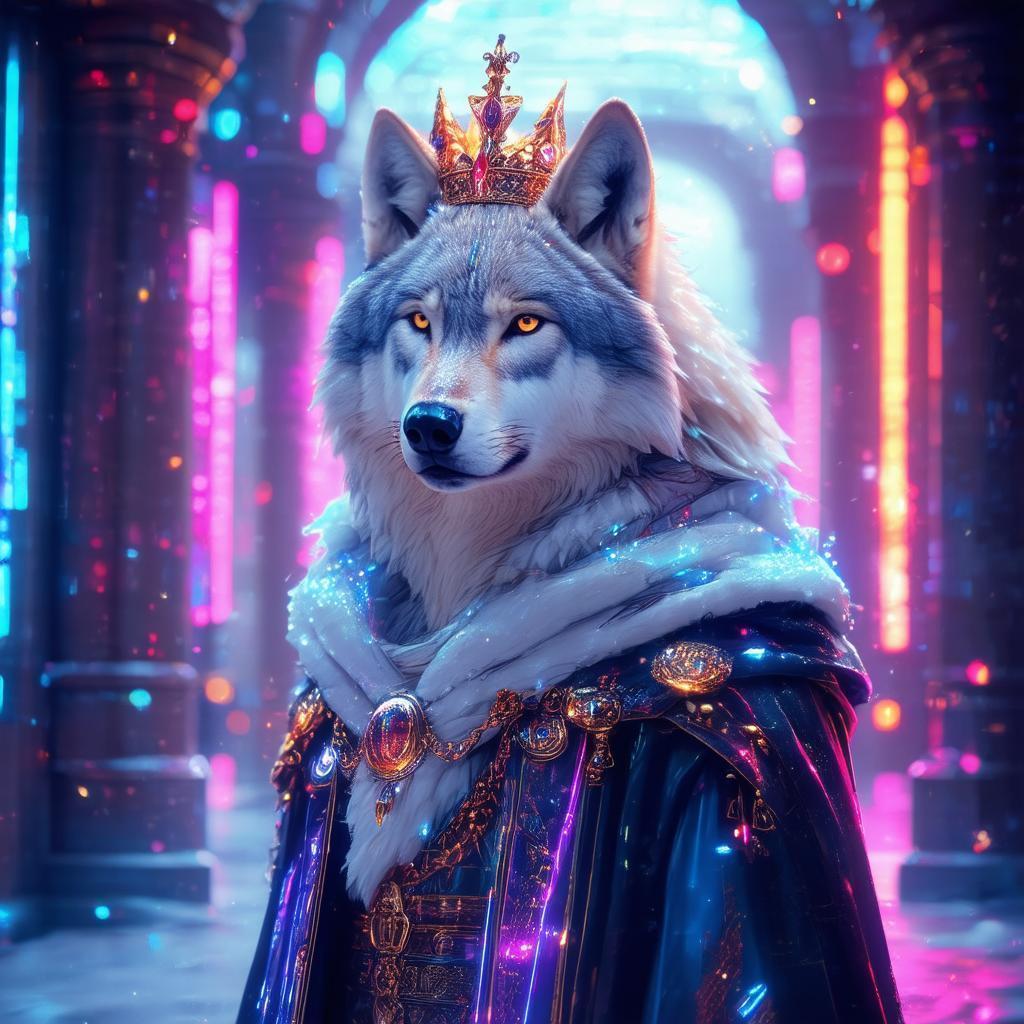 Crowned White Wolf in Neon Alley