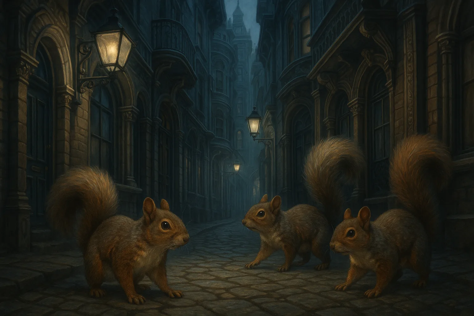 Three Varied Fox Squirrels Explore Ornate