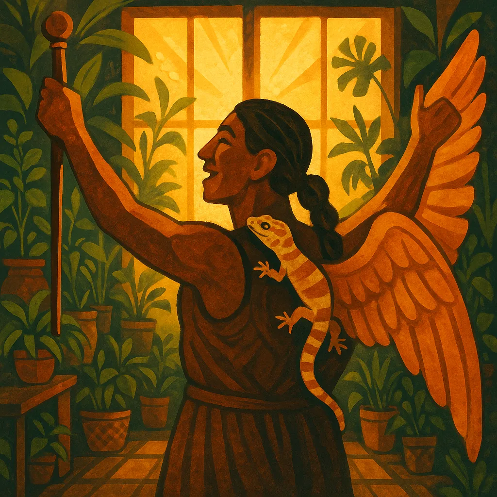 Prehistoric Figure of Hinted East Asian Descent with Prominent Wings