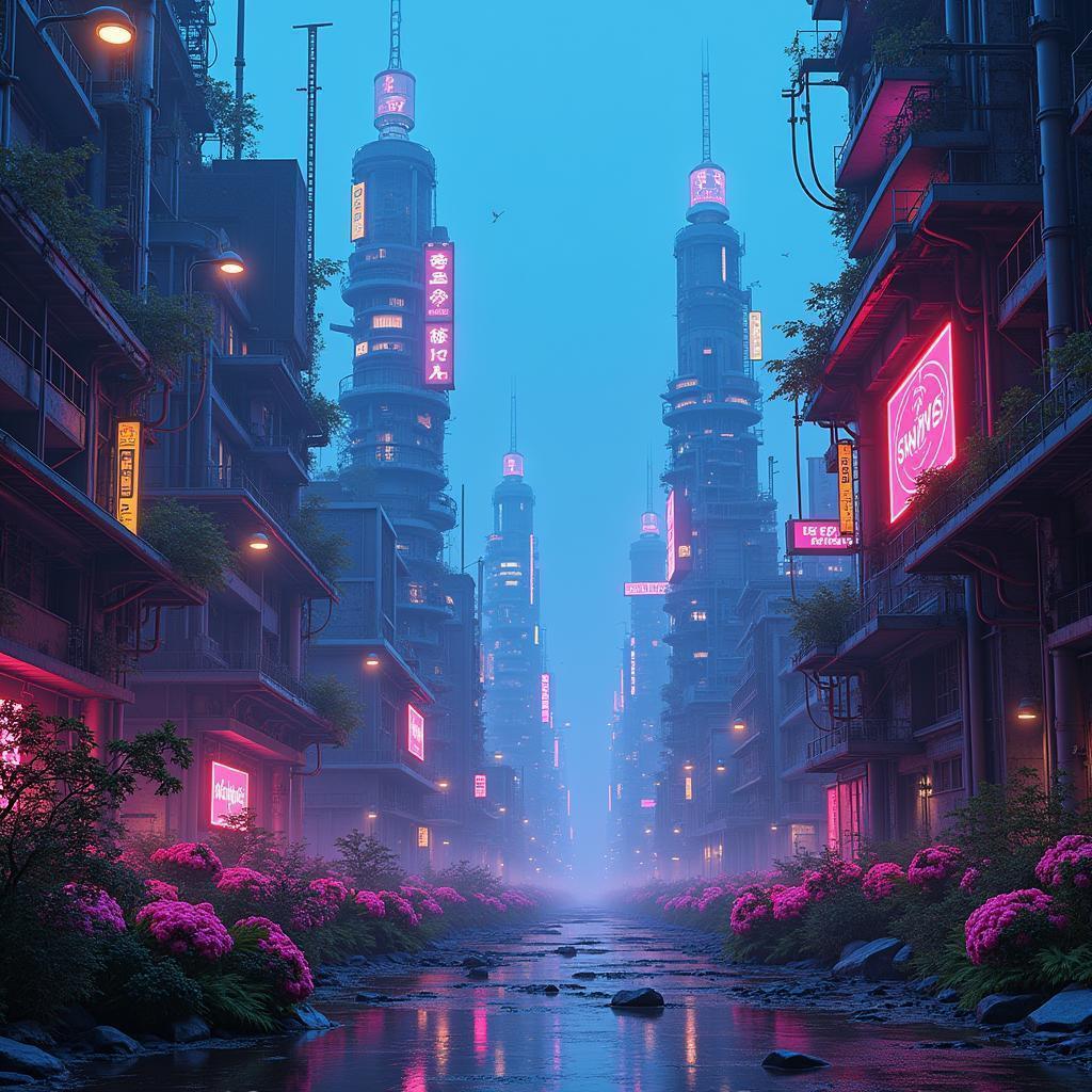 Neon Flora Overgrowing Post Apocalyptic City