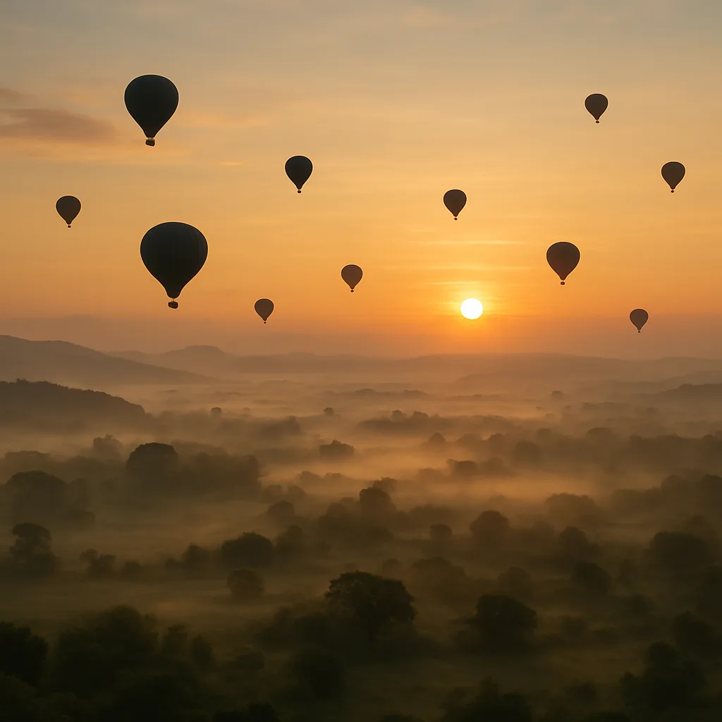 Numerous Distant Hot Air Balloons Drift Lazily
