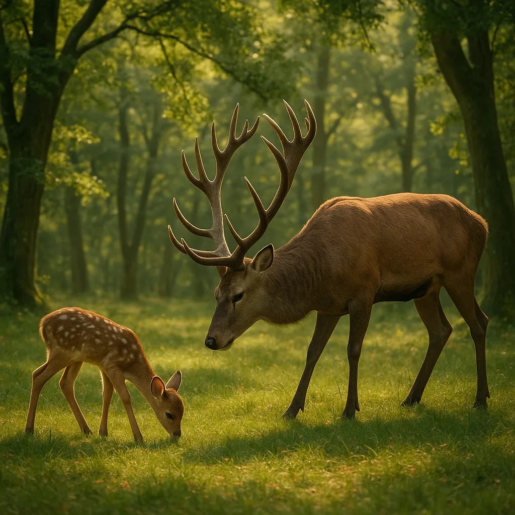 Young Fawn and a Regal Stag Peacefully Graze
