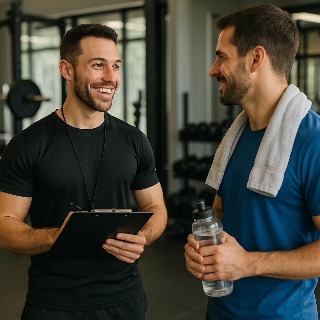 Fitness Trainer in a Gym Is Holding a Clipboard