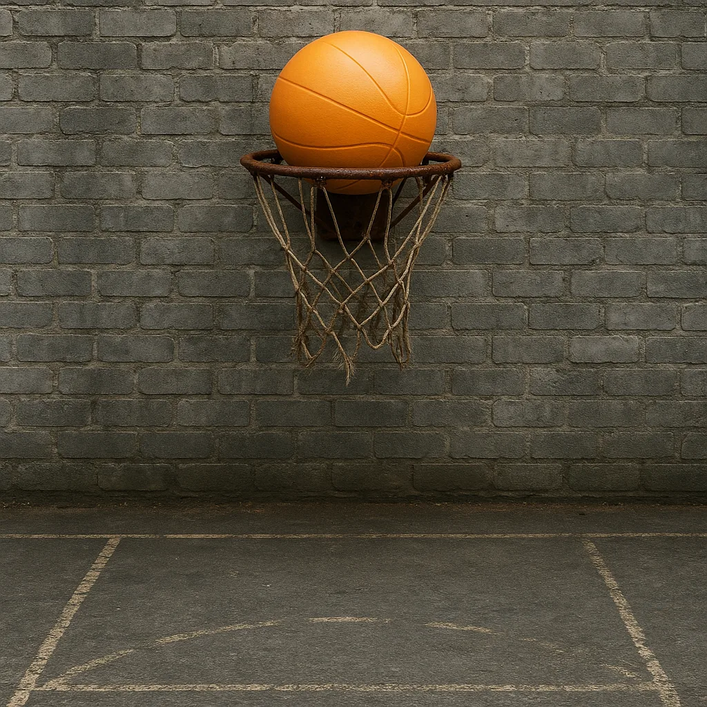 Worn and Rusted Basketball Hoop Attached to a Faded