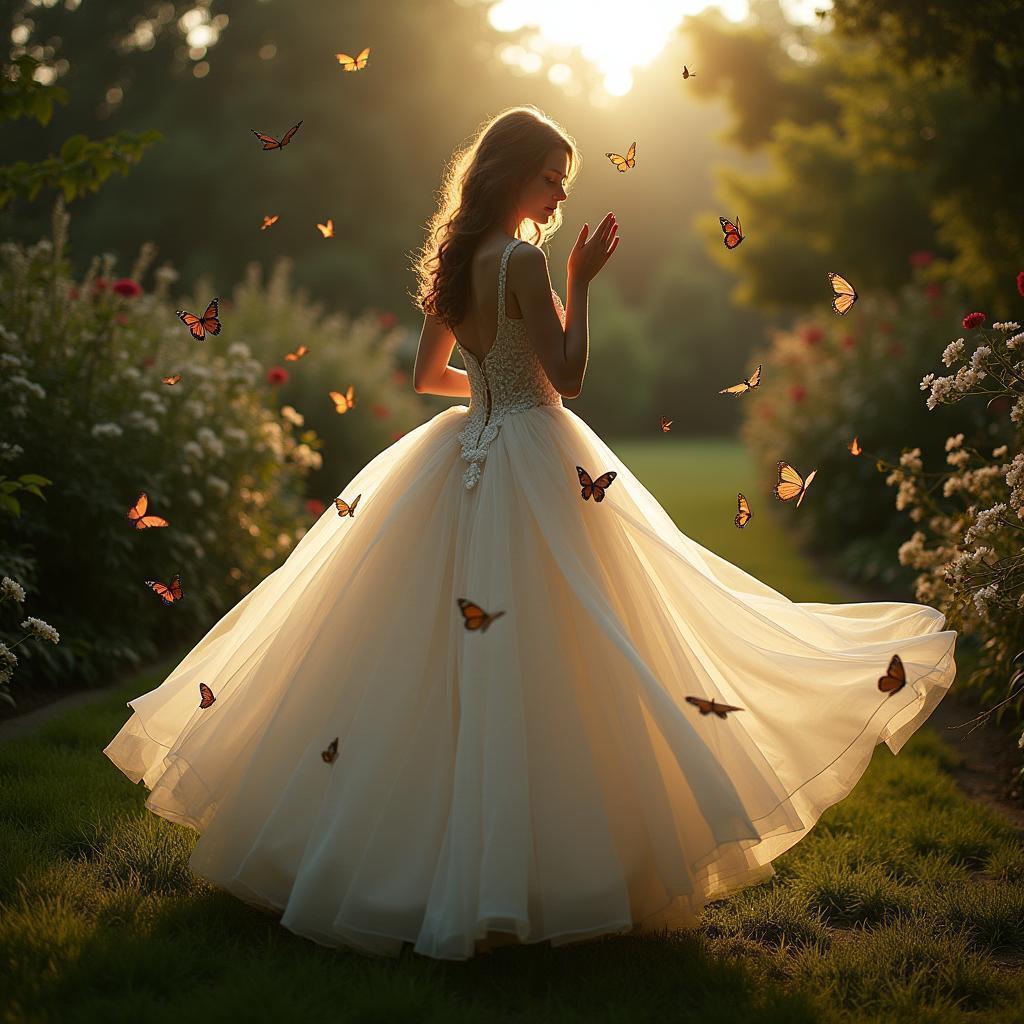 Butterfly Adorned Ballgown Floating in Garden