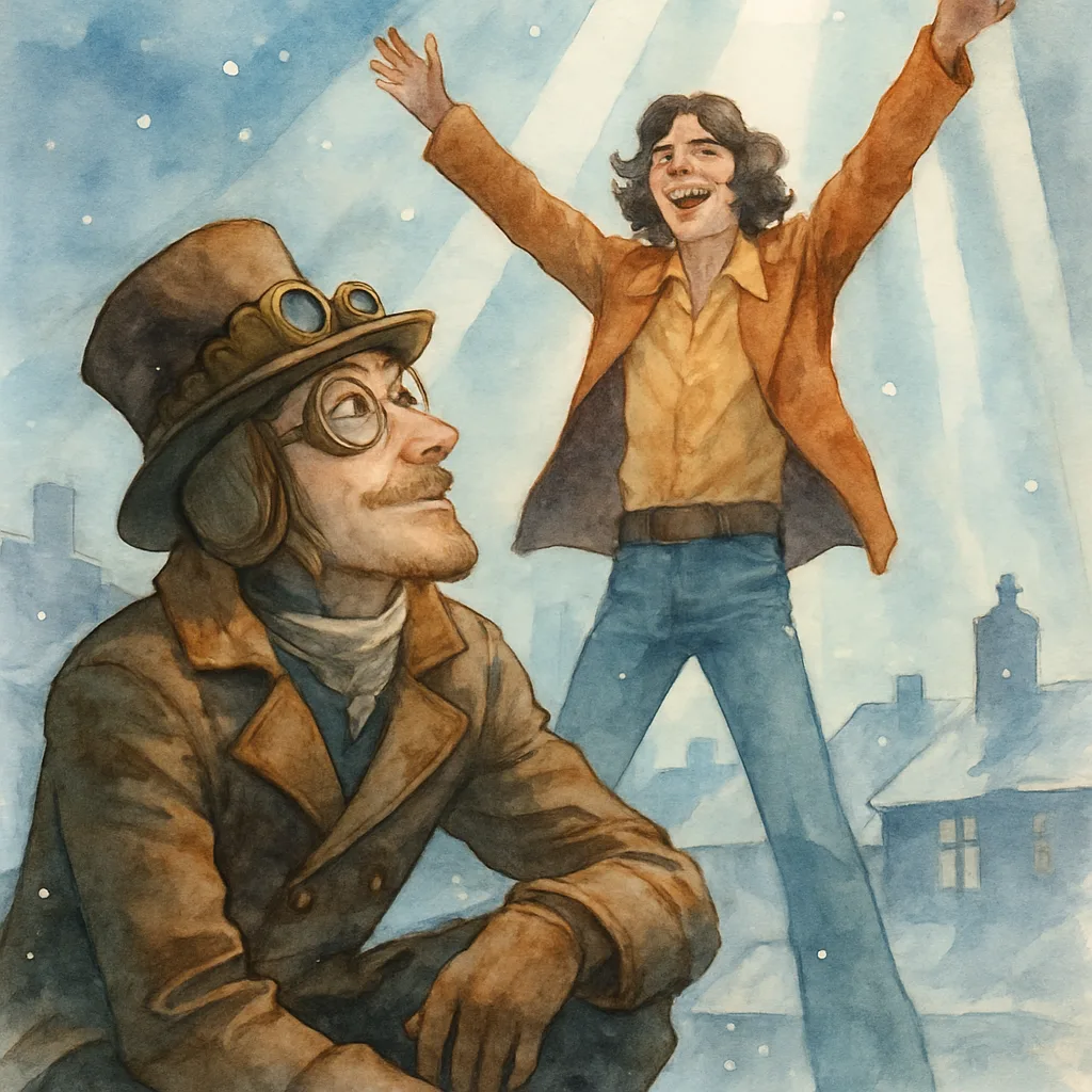 Crouching Steampunk Figure in Soft Watercolor Hues Offers a Gentle