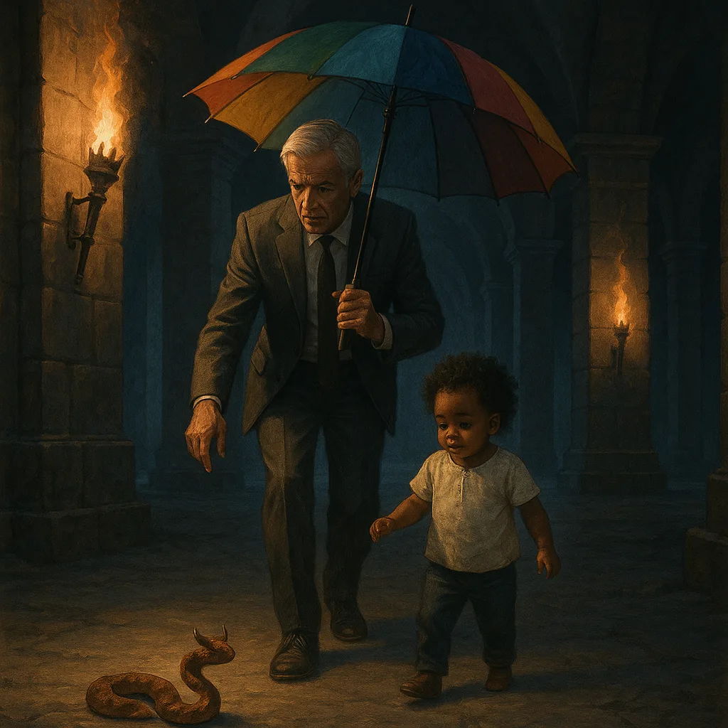 Silver-haired Professional with a Multi-color Umbrella Guides an Afro-haired Toddler