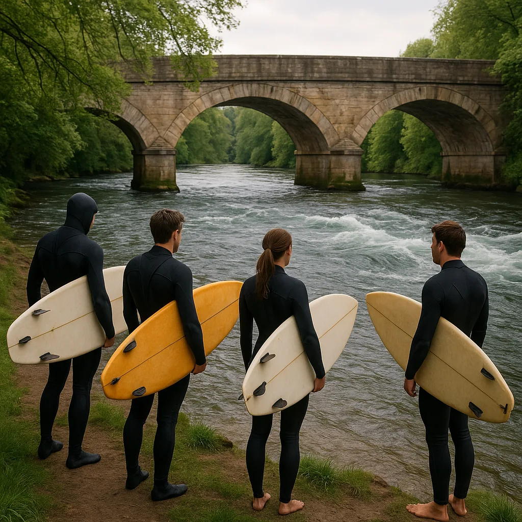 Group of Surfers in Wetsuits Holding Surfboards Stands
