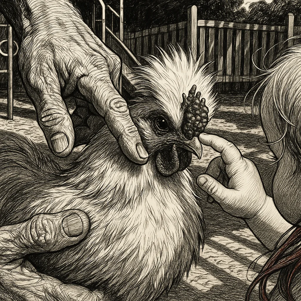 Silkie Hen's Intricate Comb—the Sharp Focus—draws a Mentor's Scarred Hand