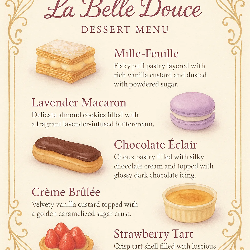 Polished and Captivating Single-page Dessert Menu for a Whimsical Parisian
