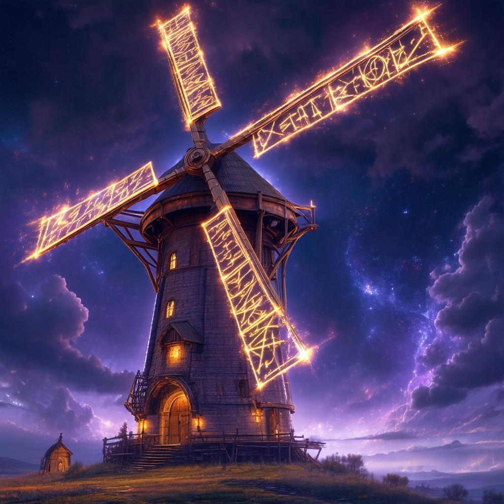 Colossal Fantasy Windmill Glowing With Ancient Runes