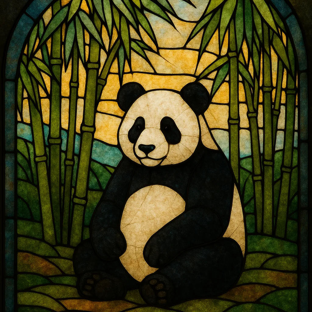 Stained Glass Artwork Depicting a Serene Panda Resting Peacefully