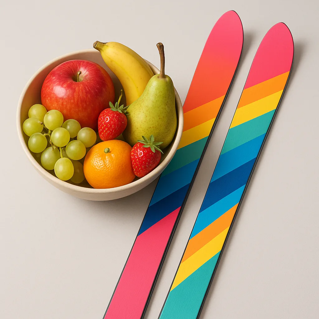 Fruit-filled Bowl Positioned Next to a Vibrant Pair of Skis
