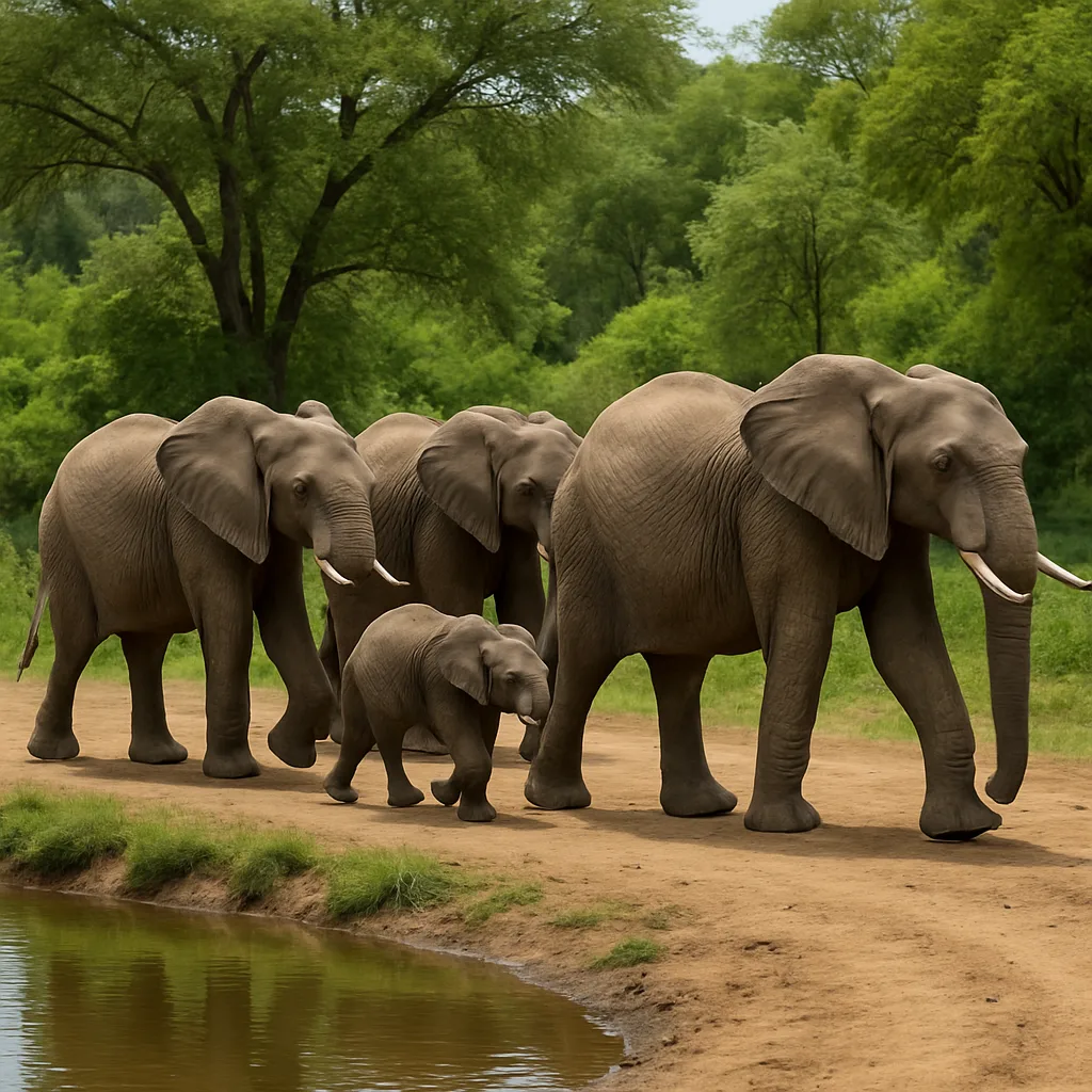 Group of Elephants Walking on a Dirt Ground