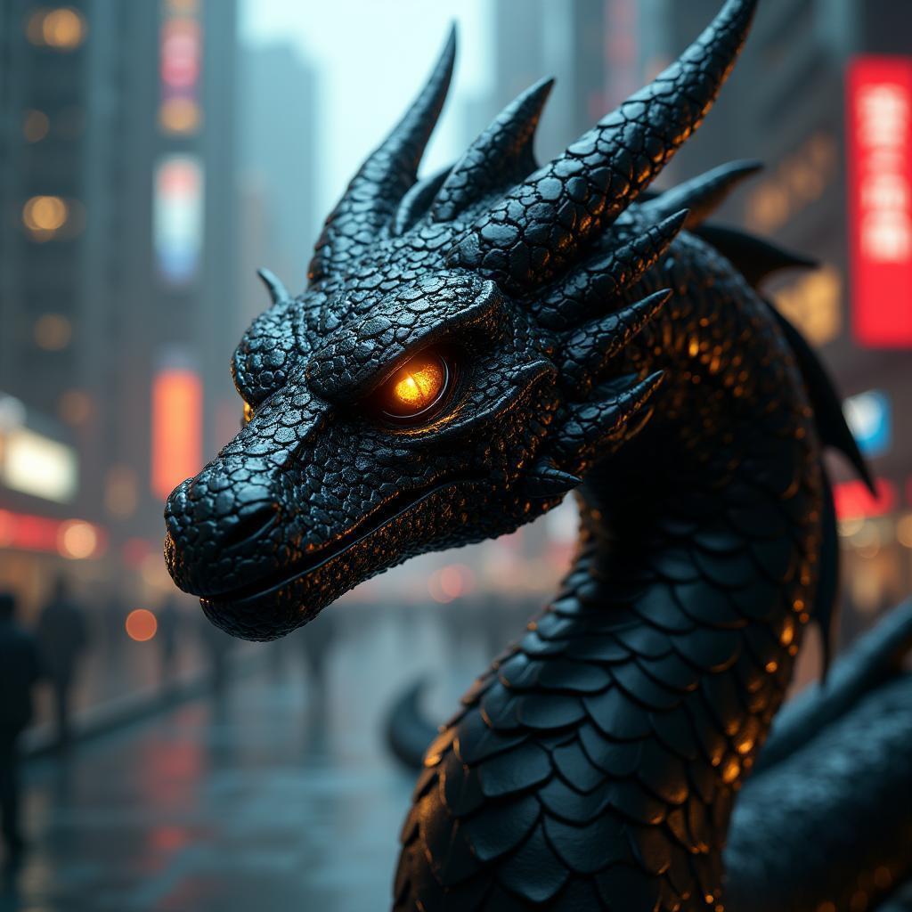 Cyberpunk Black Dragon With Golden Eyes