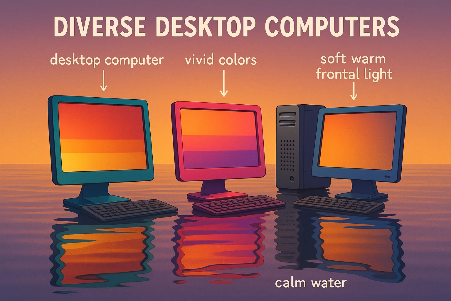 Three Diverse Desktop Computers Reflecting Vivid Colors on Calm Water