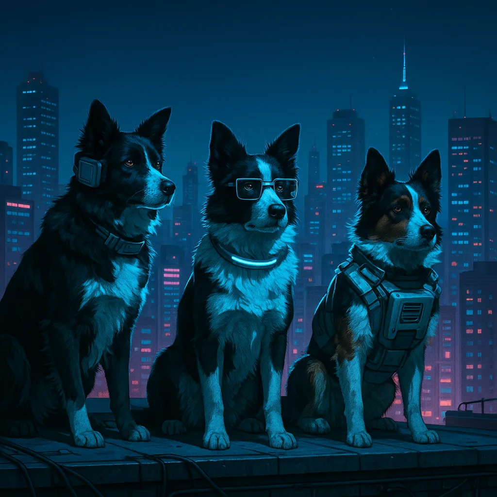 Three Varied Border Collies in an Anachronistic Tech Style