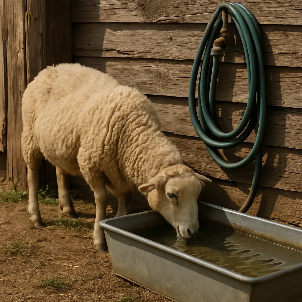 Sheep Drinks Water from a Metal Trough