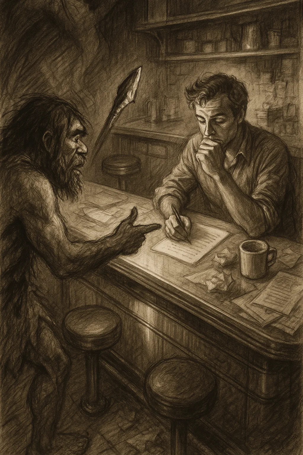 Charcoal-sketched Cave Dweller Gestures with a Primitive Tool