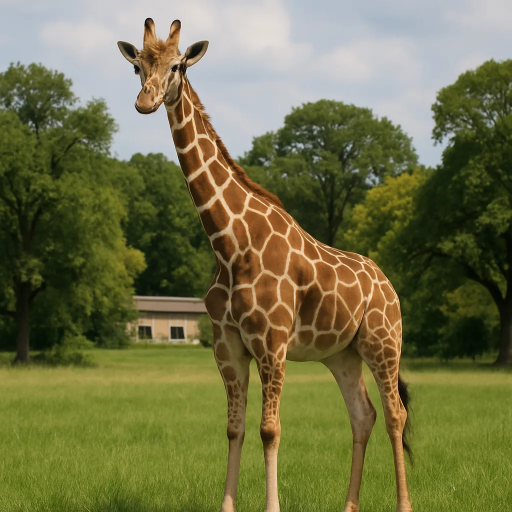 Giraffe Standing in a Grassy Field with Trees