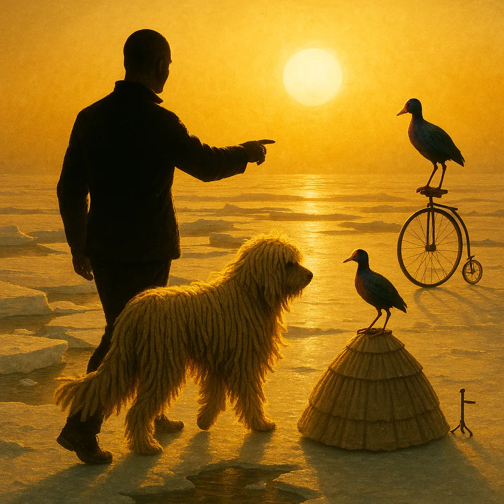 Buzz-cut Man's Silhouette Against Intense Golden Backlight Directs a Komondor