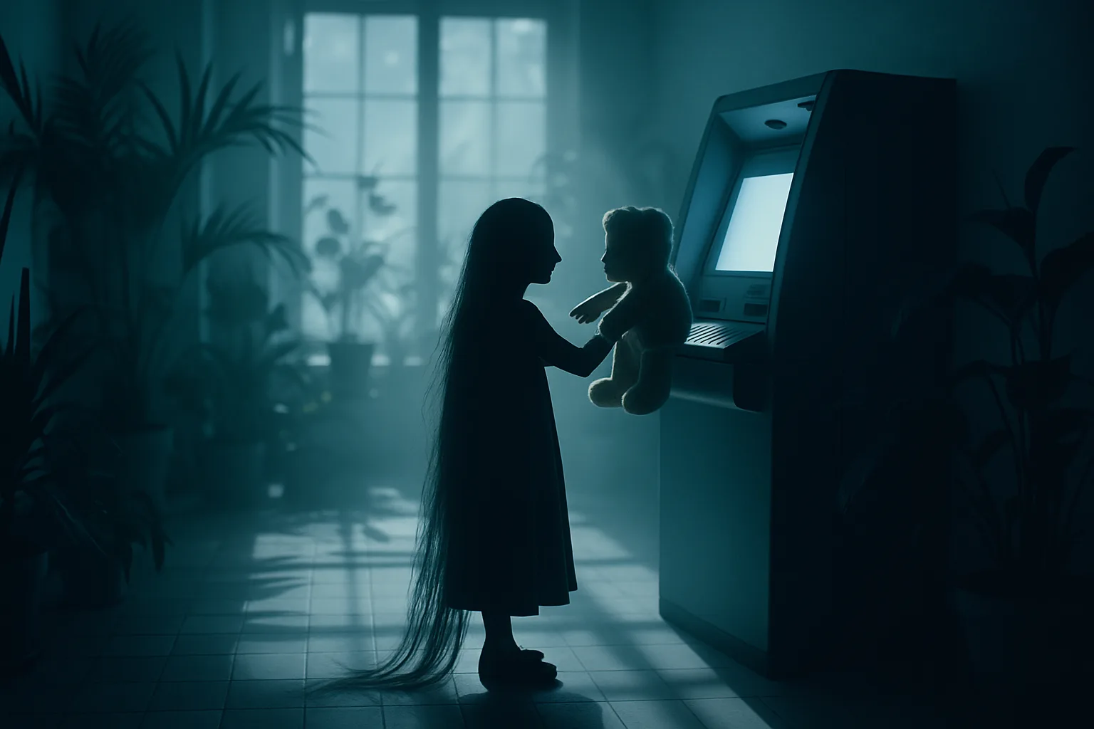 Diminutive Surrealist with Floor-length Hair Gently Places a Worn Teddy