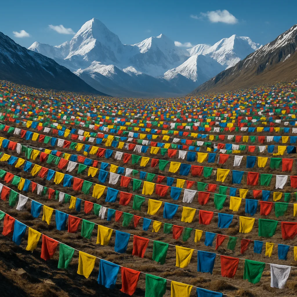 Hundreds of Distant Prayer Flags Flutter in the Wind Along