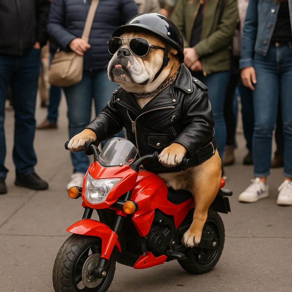Dog Dressed in a Biker Outfit Stands