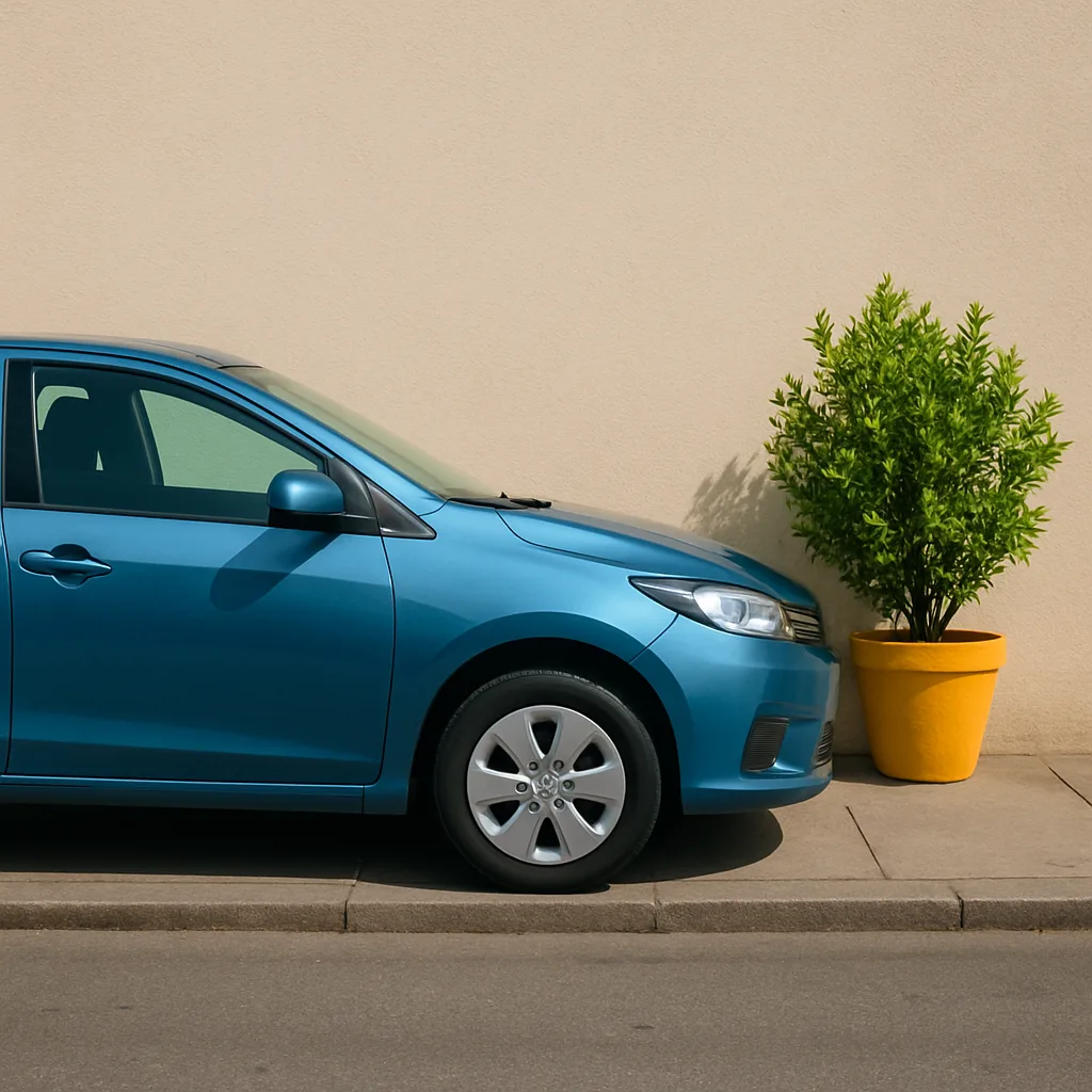 Yellow Potted Plant Positioned Next to a Parked Blue Car